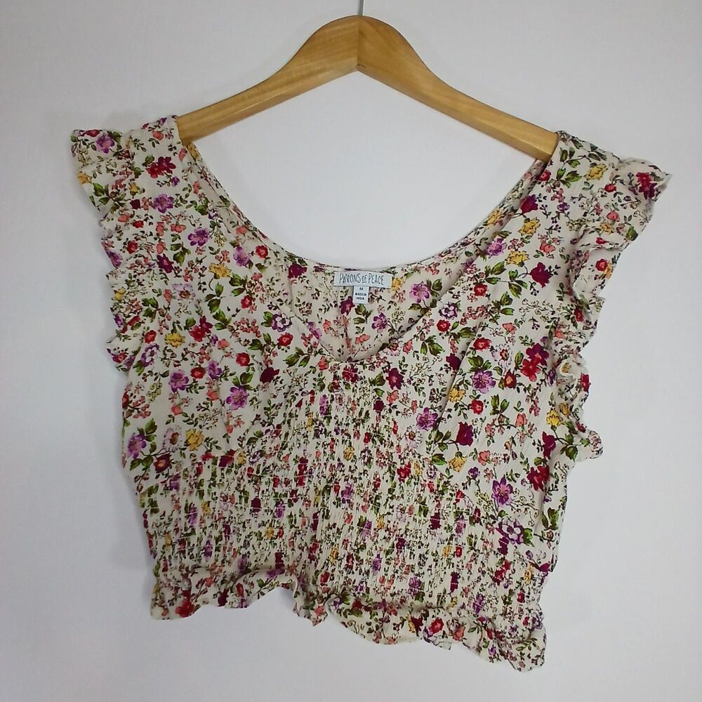 Patrons of Peace Floral Crop Top Womens M Boho Smocked Ruffle Cottagecore